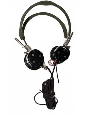 Vintage HS-16A Military Aviation Headphones Olive Drab Canvas Braided Cord